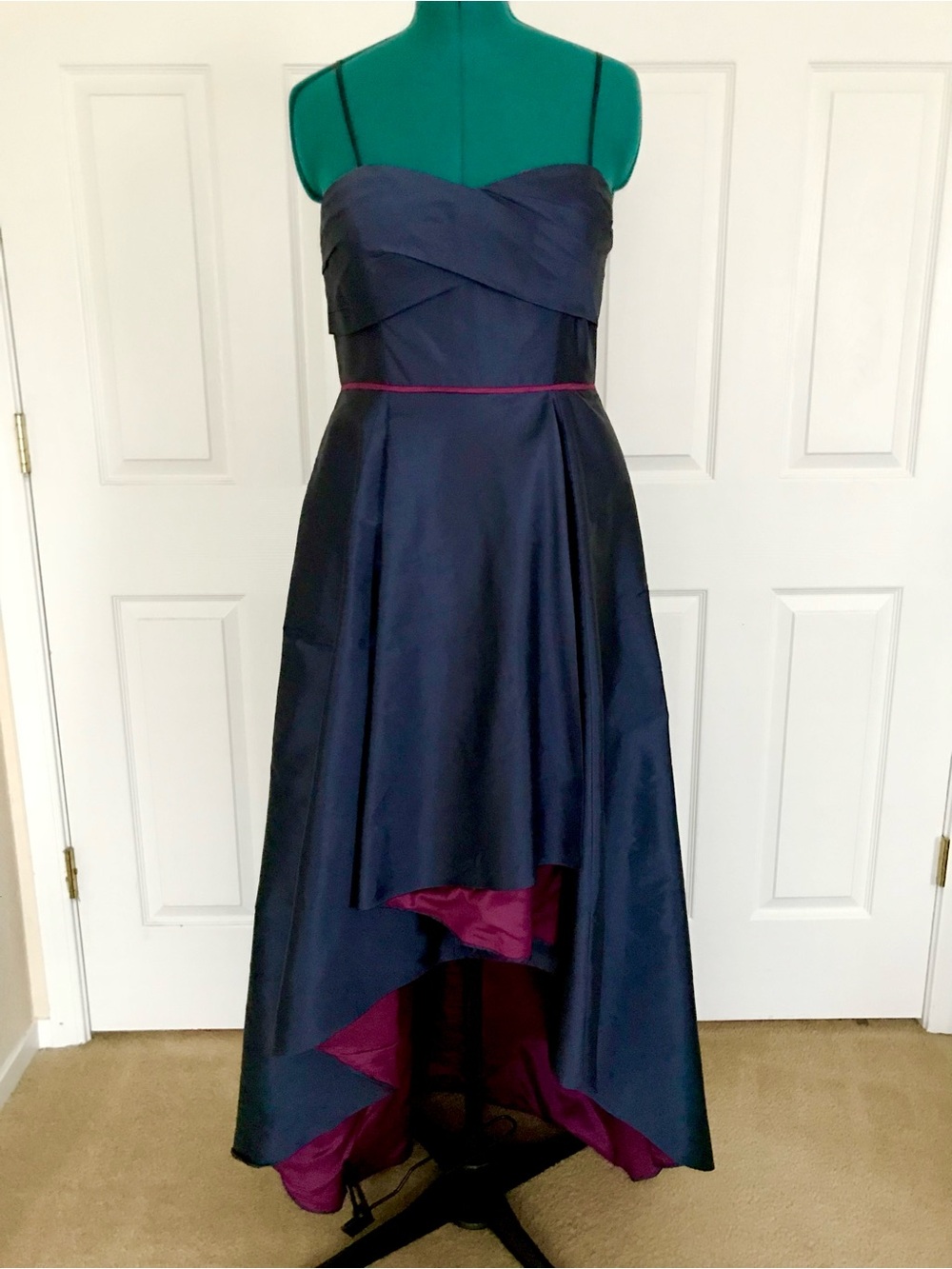 Adrianna Papell Navy High-Low Strap Spaghetti Dress with Fuchsia Lining